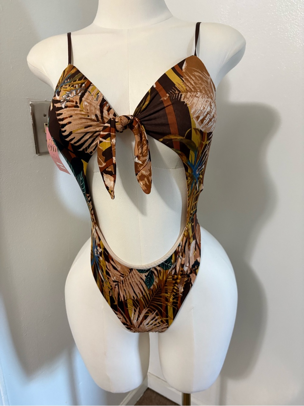 Tropical Tie-Front One-Piece Swimsuit in Brown Print with Wrap Skirt NWT - Picture 2 of 7